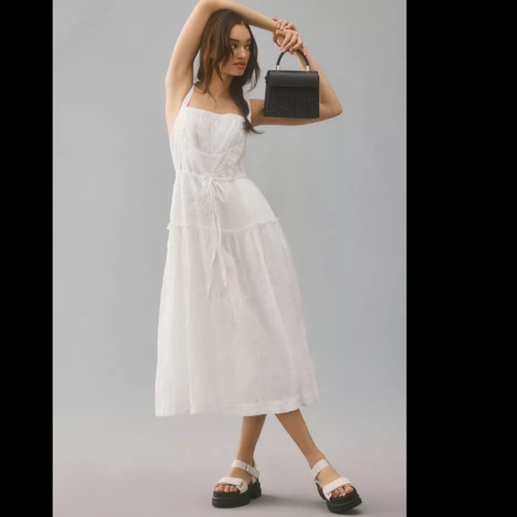 Anthropologie Linen Square-Neck Midi Dress White Ivory Medium Med M
